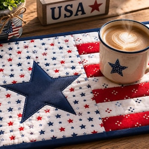 May include: A rectangular quilted placemat featuring a patriotic design with a large navy blue star on a white background filled with small red and blue stars, alongside red and white stripes. A ceramic mug with a blue star sits on the placemat.