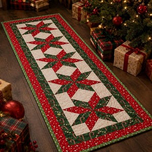 Puede incluir: Un camino de mesa acolchado rectangular con un patrón de estrellas repetitivo en rojo y verde. La tela muestra un estampado festivo de bastones de caramelo sobre un fondo verde, bordeado por un ribete rojo con puntos blancos, creando un textil navideño.