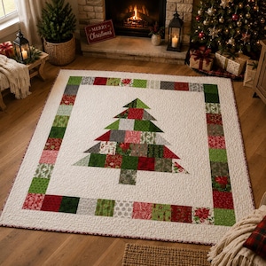 May include: A square quilt featuring a central patchwork Christmas tree design composed of various red, green, and grey patterned fabric squares. The quilt has a wide border made of alternating festive fabric squares on a white background.
