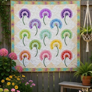 May include: A vibrant quilt with a dandelion motif, displayed outside. The quilt features a repeating pattern of dandelions in shades of purple, blue, green, yellow, orange, and pink. It's hanging on a wooden fence, surrounded by plants and flowers, creating a cheerful scene.