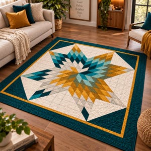 May include: A rectangular area rug featuring a large central star pattern composed of diamond-shaped segments in shades of teal, light blue, and mustard yellow. The background is off-white with a grid pattern, framed by a thick teal border.