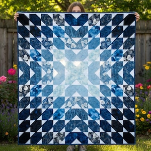 Frozen Sky Star Quilt – Handmade Blue & White Patchwork Quilt – Cozy Throw Blanket – home decor