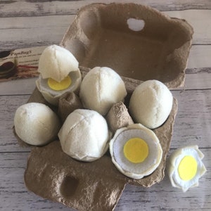 Half dozen felt pretend play eggs, fried, whole egg, boiled, bakery play set