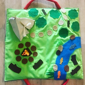 Outdoor adventure, camping, hiking, pretend play fold up carry along fabricplay mat, imagination, playtime.