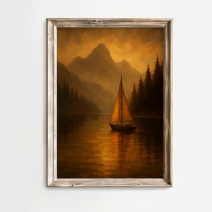 Mountain Lake Wall Art with Sailboat, Vintage Oil Painting Style Printable Poster, Lake House Decor, Tranquil Nature Landscape, Golden Hour