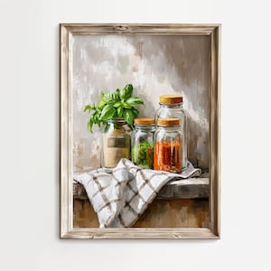 Rustikale Küche Stillleben Wand Kunst zum Ausdrucken - Vintage Gewürzdosen & Frische Kräuter, Bauernhaus Küche Deko, Ölgemälde Stil Digitaler Download