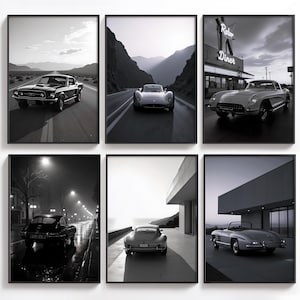 Luxury Classic Car Poster Set – 6 Cinematic Vintage Car Prints | Black & White Wall Art | Porsche, Ferrari, Jaguar, Mustang, Classic Car Art