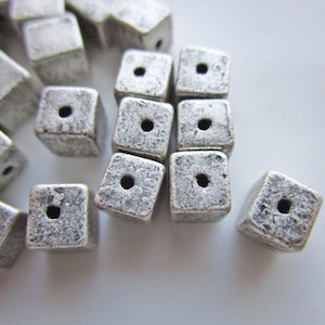 24 Vintage Antiqued Silver over Brass Cube Beads, 5mm Square