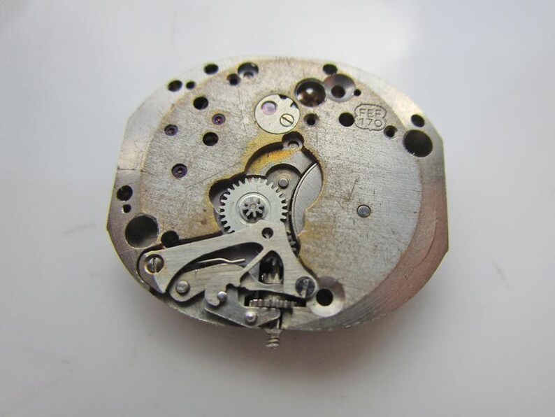 May include: Detailed view of a watch mechanism, showcasing small gears, screws, and metal components. The watch parts are silver and gold in colour. The text "FEF 170" is stamped on the metal.