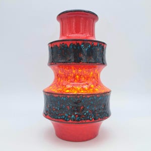 Zeldzame Scheurich Vaas Pagode 267-25 Jaren 60 West-Duitse Keramiek Mid Century Modern WGP Statement Piece Rood Petrol Geel