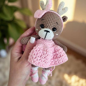 Crochet Deer Plush in Removable Pink Dress – Amigurumi Stuffed Animal – Handmade Baby Girl Toy – Woodland Nursery Gift Decor – Baby Gift