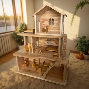 Wooden Dollhouse Gift For Kids Montessori Toy Waldorf Doll House Handmade Wood Pretend Play Eco Friendly Toddler Birthday Present Room Decor