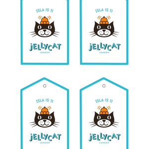 May include: Four white gift tags with a teal border. Each tag features a black cat illustration wearing an orange hat, the text "ISLA IS 11", and the "JELLYCAT LONDON" logo.