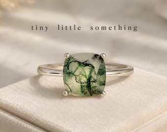 Anillo de ágata musgosa con forma de cojín, plata de ley maciza, anillo de promesa con piedra preciosa cuadrada, anillo llamativo, regalo de cumpleaños para ella.