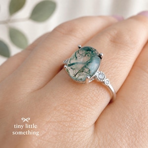 Oval Moss Agate Ring Solid Sterling Silver Promise Ring Statement Ring Birthday Gift for Her
