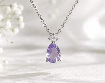 Dainty Lavender Amethyst Teardrop Pendant Sterling Silver Necklace, February Birthstone Gift for Her Purple Gemstone Jewellery Unique Gift
