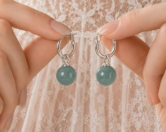 Pendientes de aro de jade azul natural, plata de ley 925, estilo huggies, regalo de cumpleaños para novia, madre, amiga o hija.