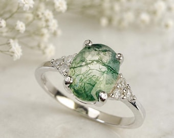 Oval Moss Agate Ring Sterling Silver Gemstone Promise Ring Engagement Ring Birthday Gift for Her