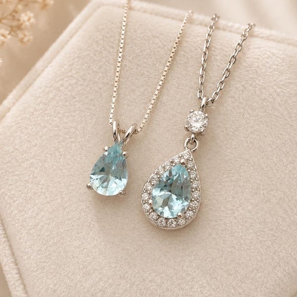 Natural Aquamarine Necklace 925 Sterling Silver Teardrop Halo Pendant March Birthstone Necklace Bridal Jewellery Something Blue Gift