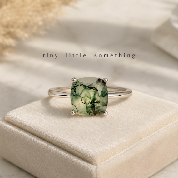 Cushion Moss Agate Ring Solid Sterling Silver Square Gemstone Promise Ring Statement Ring Birthday Gift for Her