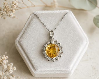 Genuine Citrine Sunflower Necklace Sterling Silver Daisy Flower Necklace November Birthstone Jewellery Gift for Her