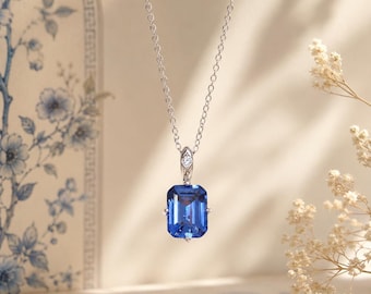 Genuine Blue Sapphire Necklace Gold Sterling Silver Emerald Cut Sapphire pendant Minimalist September Birthstone Anniversary Gift Special