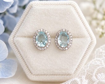 Genuine Aquamarine Stud Earrings Sterling Silver Halo Style Earrings March Birthstone Gift for Her Something Blue Gemstone Studs