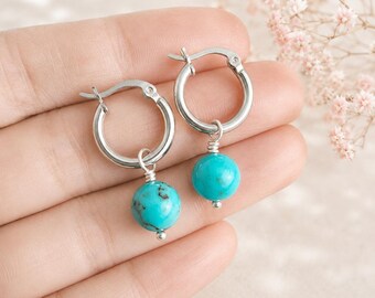 Genuine Turquoise Hoop Earrings 925 Sterling Silver Turquoise Drop Earrings Minimalist Gemstone Necklace December Birthstone Gift for Her