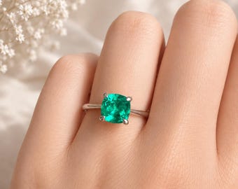 Genuine Emerald Ring Sterling Silver Cushion Cut Emerald Ring Green Gemstone Ring May Birthstone Ring Unique Gift for Her