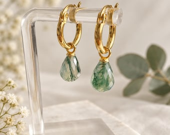 Moss Agate Hoop Earrings Sterling Silver Gold Huggie Hoops Moss Agate Teardrop Dangle Earrings Bridal Jewellery Nature Birthday Gift for her