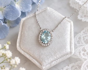 Natural Aquamarine Necklace 925 Sterling Silver Halo Solitaire Pendant March Birthstone Necklace Bridal Jewellery Something Blue Gift