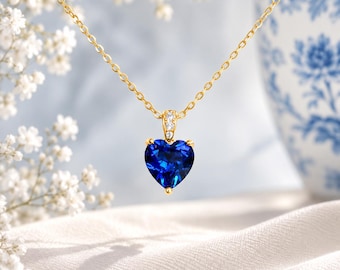 Genuine Blue Sapphire Heart Necklace Gold Sterling Silver Lab Sapphire heart Gemstone pendant September Birthstone Anniversary Gift for Her