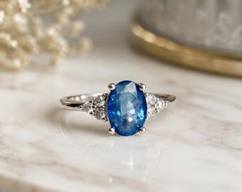 Natural Blue Sapphire Ring Sterling Silver Engagement Ring Anniversary Gift Birthday Gift for Girlfriend