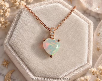 Natural Opal Heart Necklace Heart Cut Opal Rose Gold Sterling Silver Necklace October Birthstone Necklace for Her Unique Gift for Girlfriend