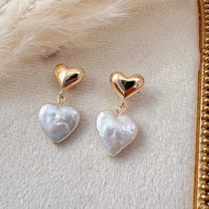 Gift for Her Dainty Heart Pearl Earrings Gold Heart Drop Earrings Studs
