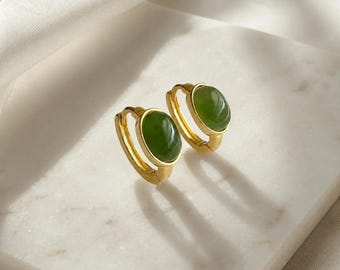 Natural Green Jade Huggies Earrings Gold 925 Sterling Silver Hoops Birthday Gift for Girlfriend Mum Friend Daughter