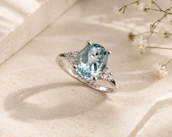 Anillo de compromiso de aguamarina natural de plata de ley 925. Regalo de aniversario de boda. Regalo de cumpleaños para novia.