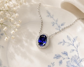 Genuine Blue Sapphire Necklace Gold Sterling Silver Oval Lab/ Natural Sapphire Halo Gemstone pendant September Birthstone Anniversary Gift