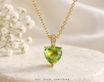 Natural Peridot Heart Necklace Heart Cut Peridot Gold Sterling Silver Necklace, August Birthstone Gift for Her Green Gemstone Jewellery