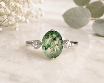 Oval Moss Agate Ring Sterling Silver, Natural Grade AA Moss Agate Ring, Compass Set Ring, Botanical Gemstone Jewellery, Nature Inspired Gift