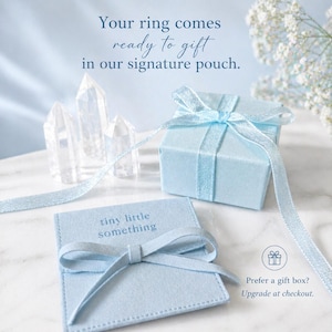 Puede incluir: Una caja de regalo azul claro atada con una cinta a juego, junto a una peque&ntilde;a bolsa con el texto "tiny little something". La imagen tambi&eacute;n incluye formaciones de cristal transparente y el texto "Your ring comes ready to gift in our signature pouch."