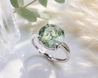 Anillo de ágata musgosa natural redonda, anillo de plata de ley con gema verde, anillo de cóctel, anillo llamativo, regalo de cumpleaños para ella.