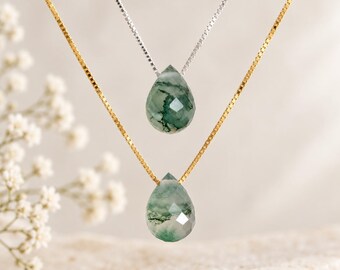 Natural Moss Agate Teardrop Necklace 925 Sterling Silver Gold Necklace Minimalist Gemstone Necklace | Bridesmaid Gift Birthday gift for Her