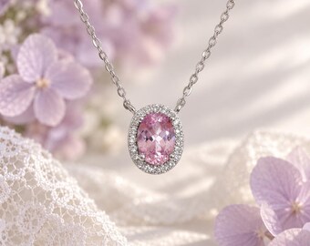 Genuine Pink Sapphire Necklace 925 Sterling Silver Halo Pendant September Birthstone Lab Sapphire Bridal Jewellery Anniversary Gift