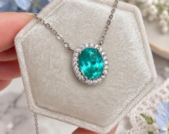 Blue Green Paraiba Necklace 925 Sterling Silver Halo Pendant Bridal Jewellery Something Blue Gift