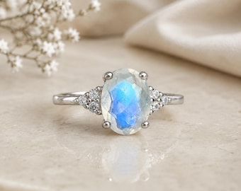 Natural Moonstone Ring Sterling Silver Anniversary Gift for Wife Birthday Gift for Girlfriend