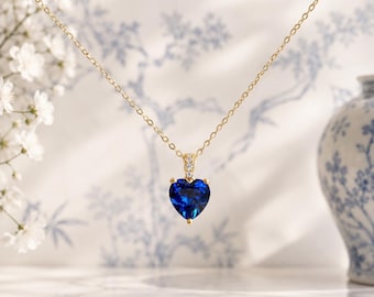 Genuine Blue Sapphire Heart Necklace Gold Sterling Silver Lab Sapphire heart Gemstone pendant September Birthstone Anniversary Gift for Her