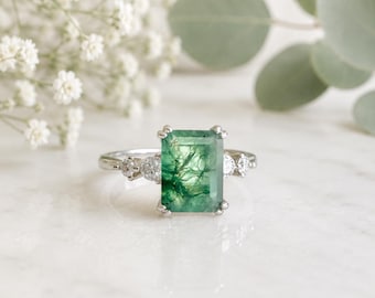 Moss Agate Ring Rectangle Emerald Cut Engagement Ring Solid Sterling Silver Statement Ring Birthday Gift for Her