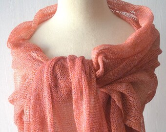 Linen Shawl  Orange Tangerine Spice Ombre Shades Natural Summer Scarf Wrap Natural Flax