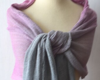 Linen Shawl Ombre Fuchsia Pink Grey  Shades Knitted Hand painted Natural Summer Accessory Wrap Woman Flax Scarf